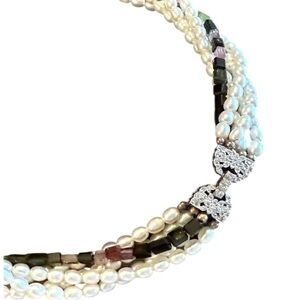 Five Stand Peal and Rectangle Tourmaline Necklace with Bow Closure